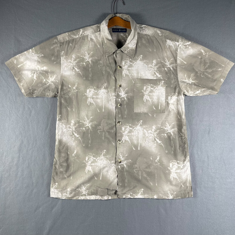 VTG  World Island Hawaiian Short Sleeve Shirt Mens Large Beige Palm Trees Camp